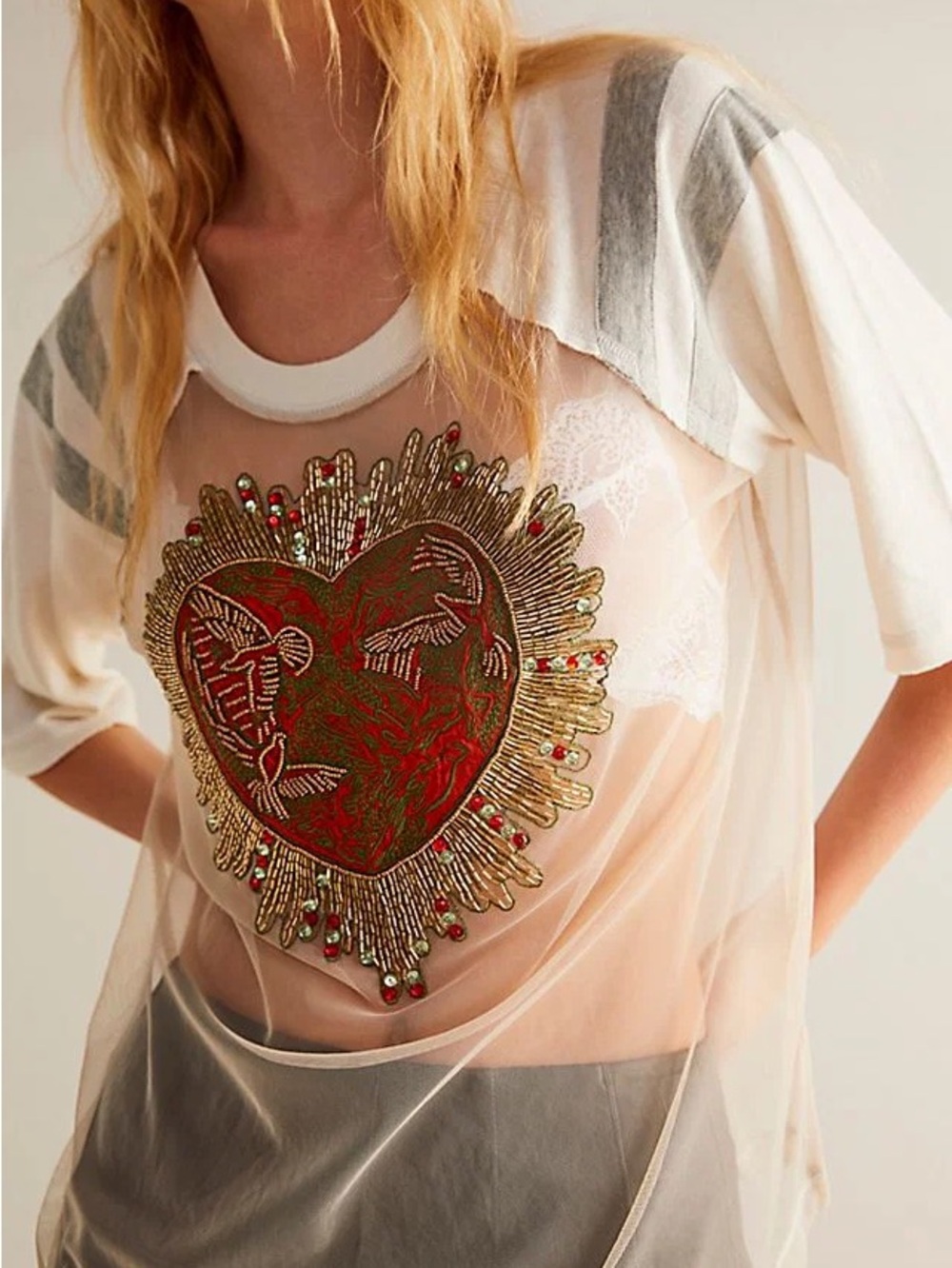 “We the free” Sheer Embellished Heart Tee - Red & Gold Embroidery